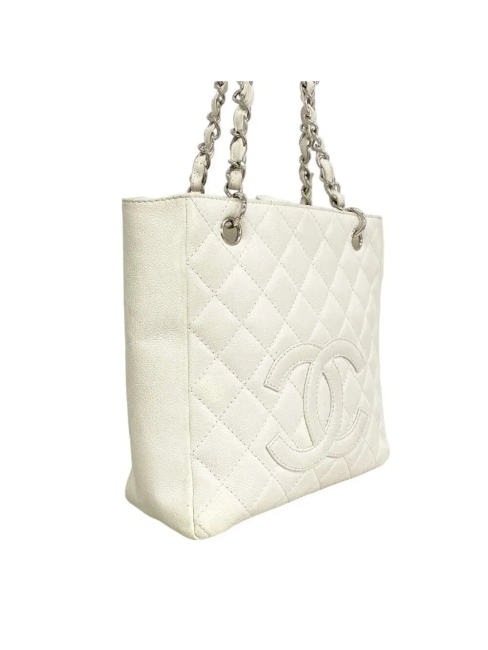 Chanel Shoulder Bag Quilted Caviar Leather White Silver